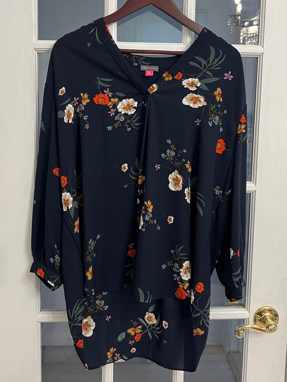 VINCE CAMUTO Women’s Floral Hi-Low Tunic Blouse Navy V-Neck Plus Size 1X